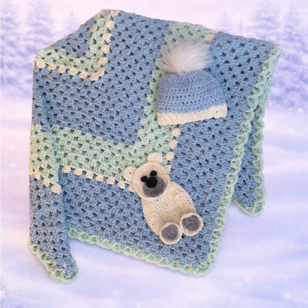 Handmade Blue and Green Crochet Baby Blanket with Bear and Hat